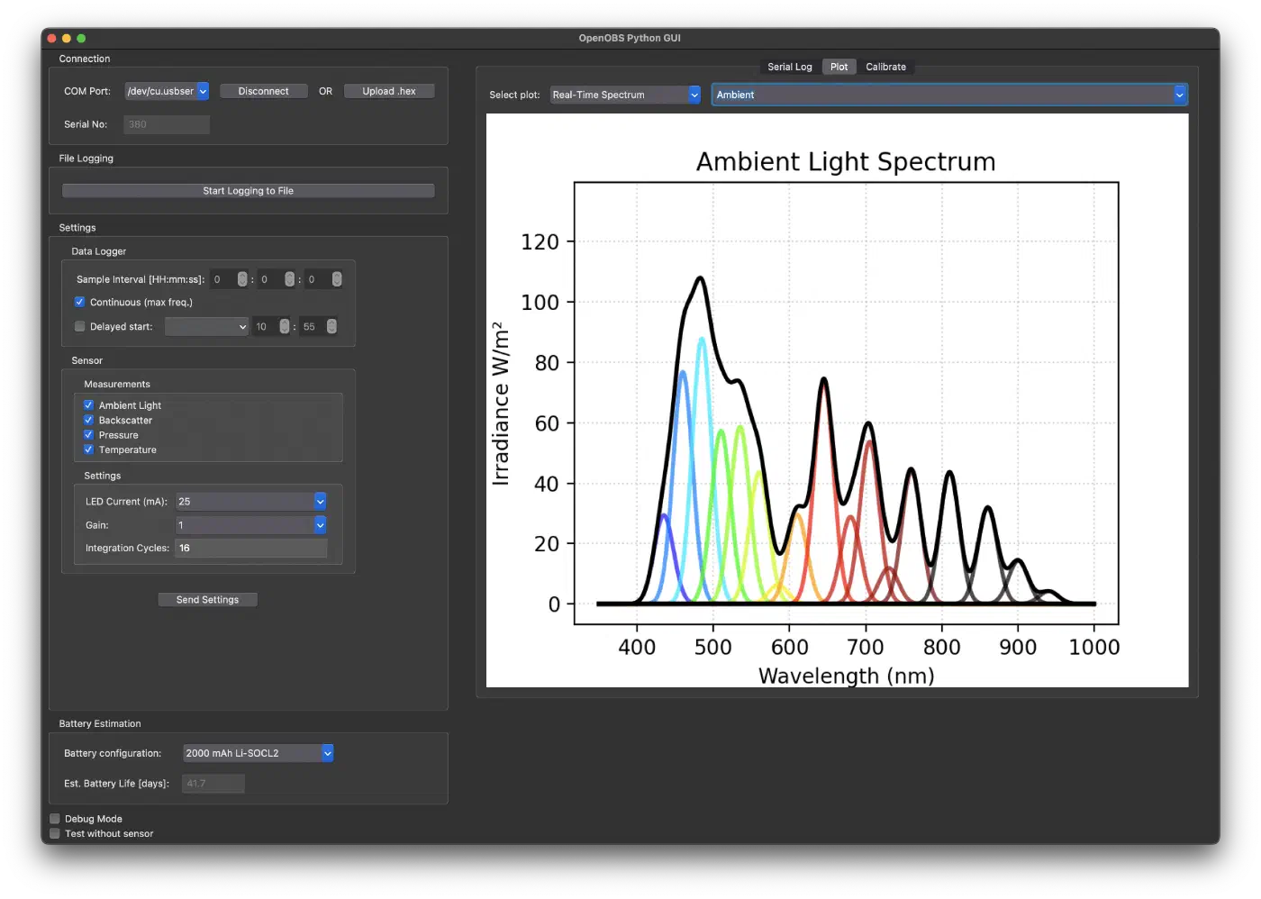 Screenshot of the OpenOBS desktop app plotting an ambient light spectrum from a connected sensor.